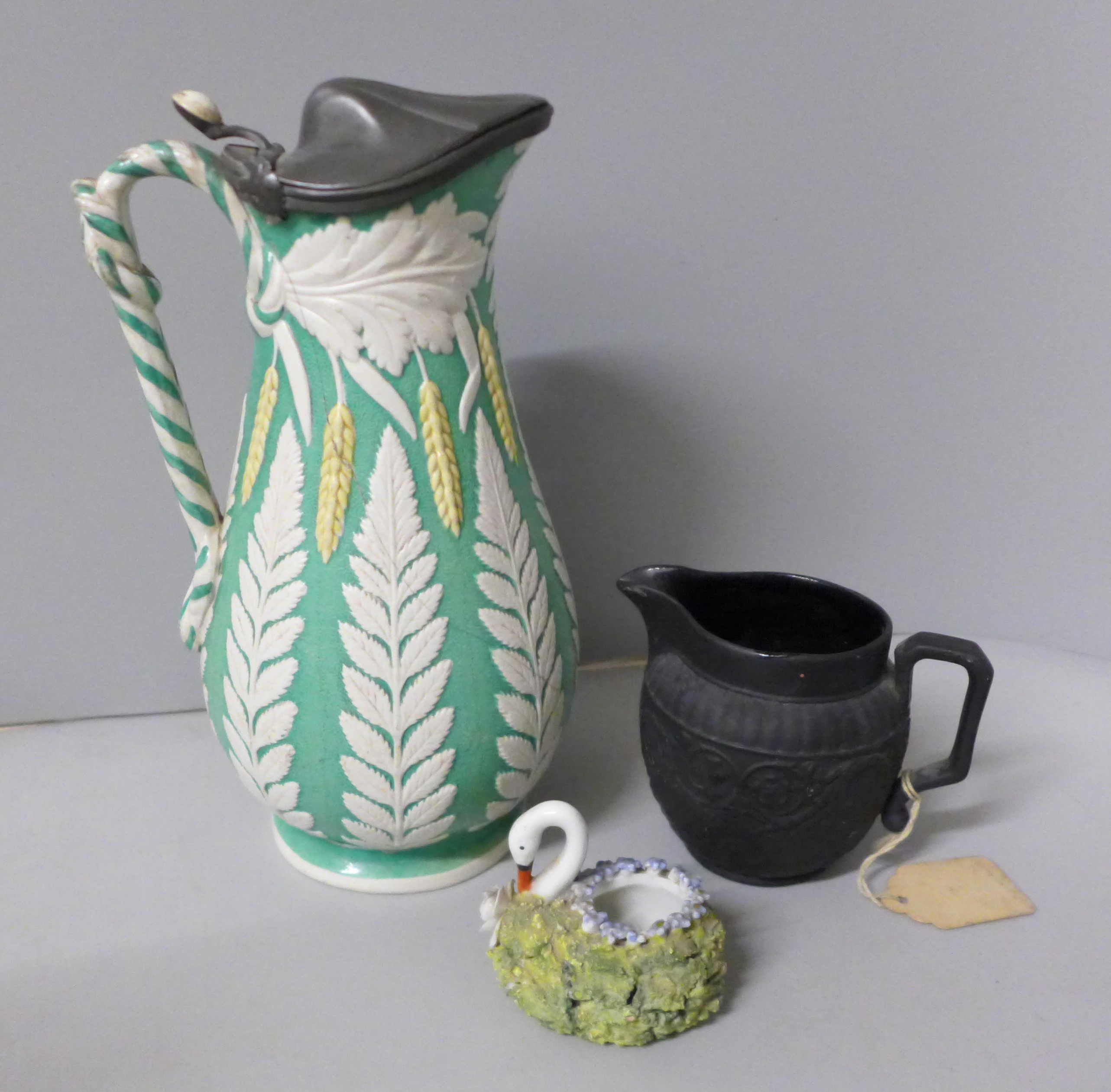 A Victorian Staffordshire 19th Century pottery pitcher in a fern pattern, one hand painted jug, - Image 4 of 4