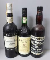 A bottle of Koppenhagens Old Councillor full bodied select port, a bottle of Tio Pepe Gonzalez Byass