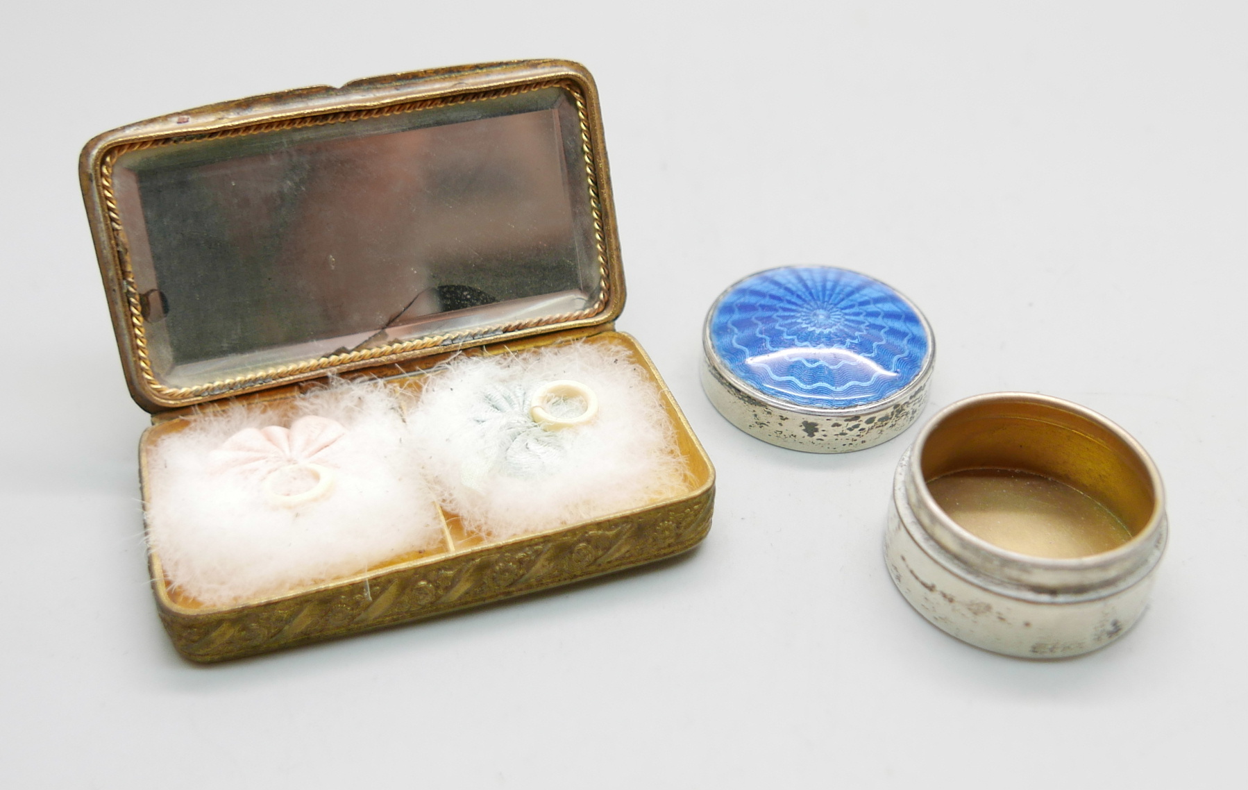 A silver and blue enamelled pill box, Birmingham 1912, and a double section powder with enamelled - Image 6 of 6