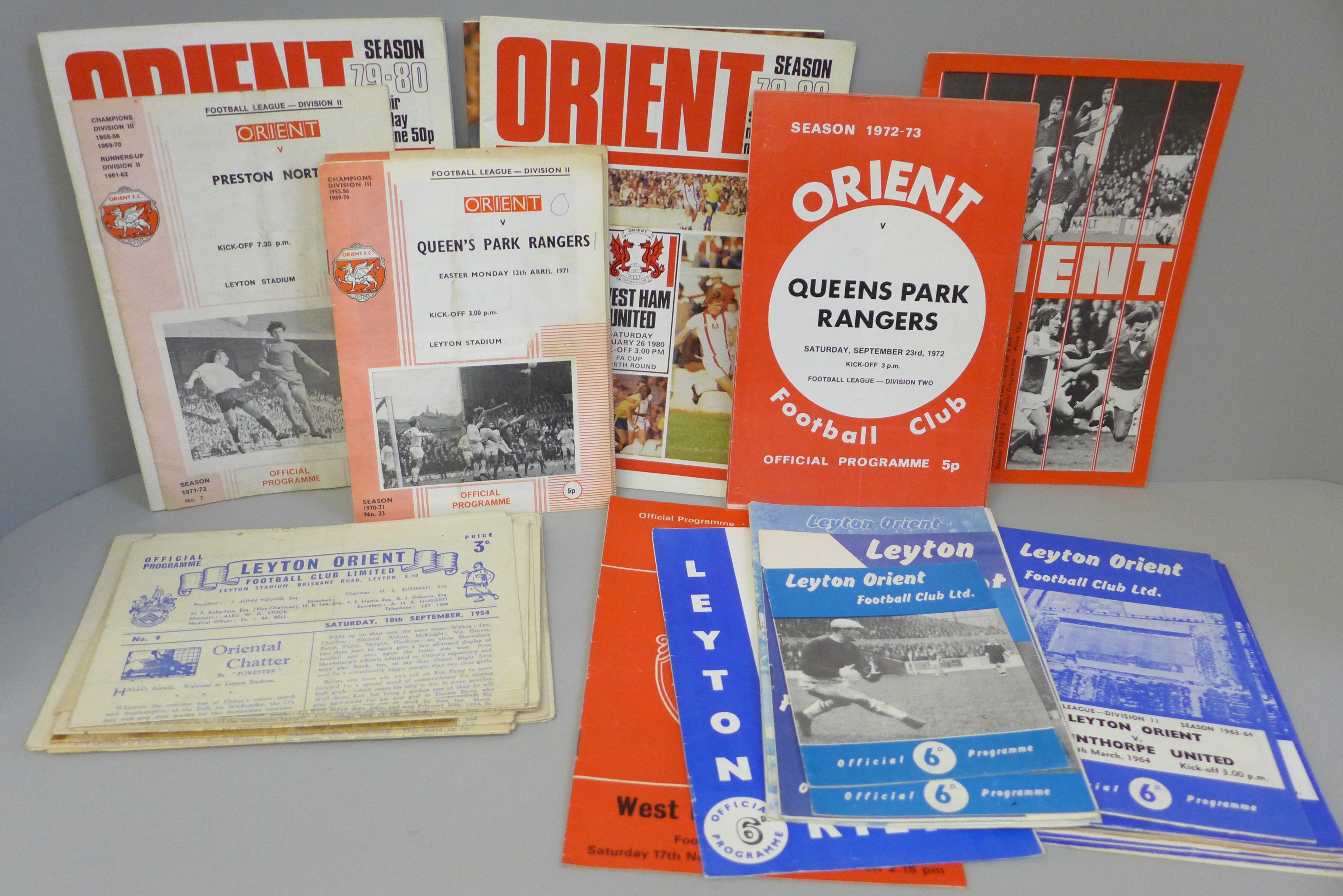 Football memorabilia; Leyton Orient home programmes from the 1950s (12 no.), 60s and 70s (50 no.)