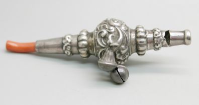 A silver rattle/teether/whistle set with coral, mark worn