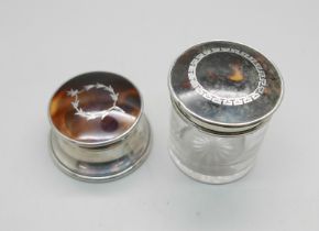 Two silver and tortoiseshell topped jars/pots, (glass jar 5cm)