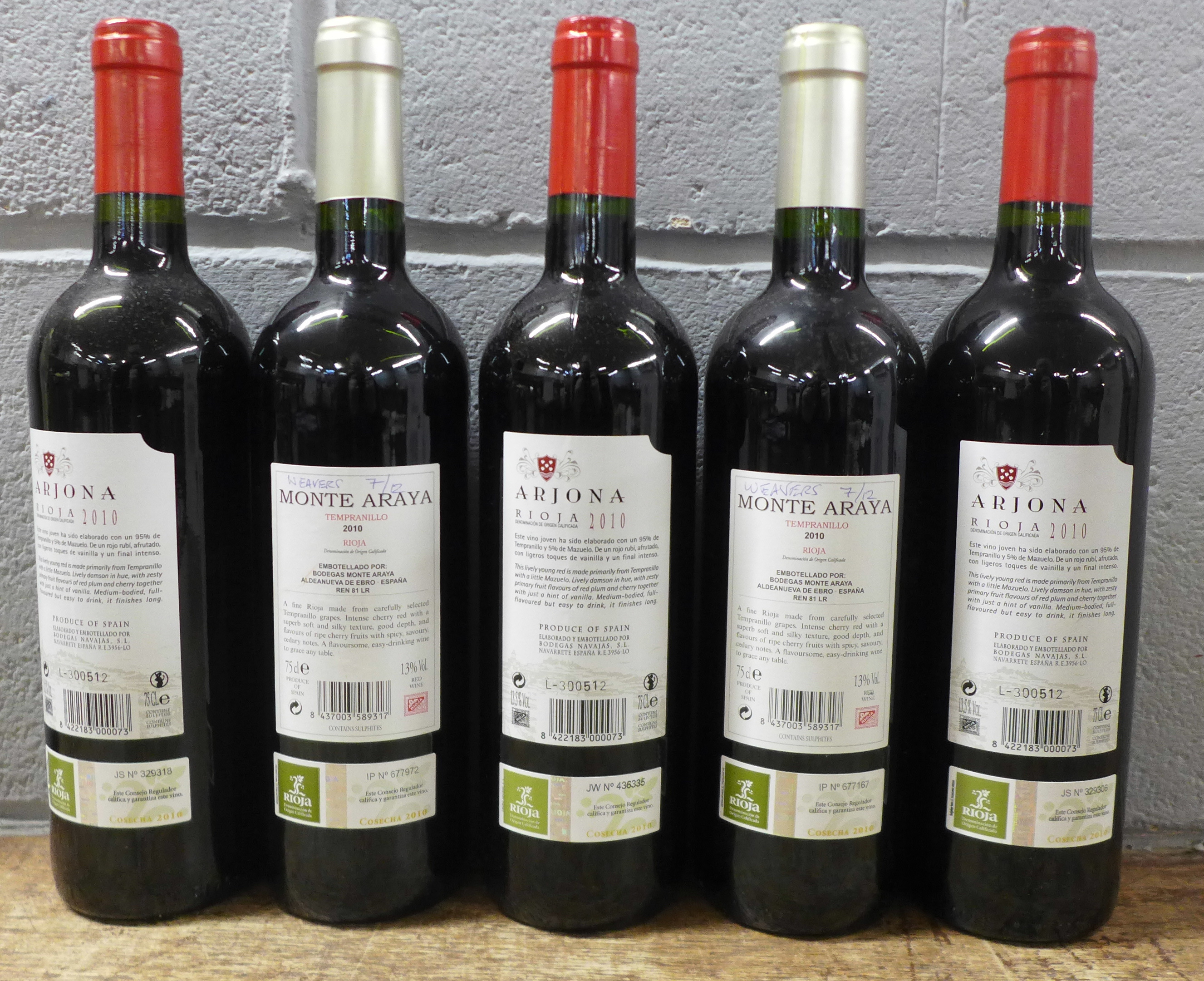 Five bottles of Rioja, two Monte Araya Selection Especial, 2010 and three Arjona 2010 - Image 4 of 4