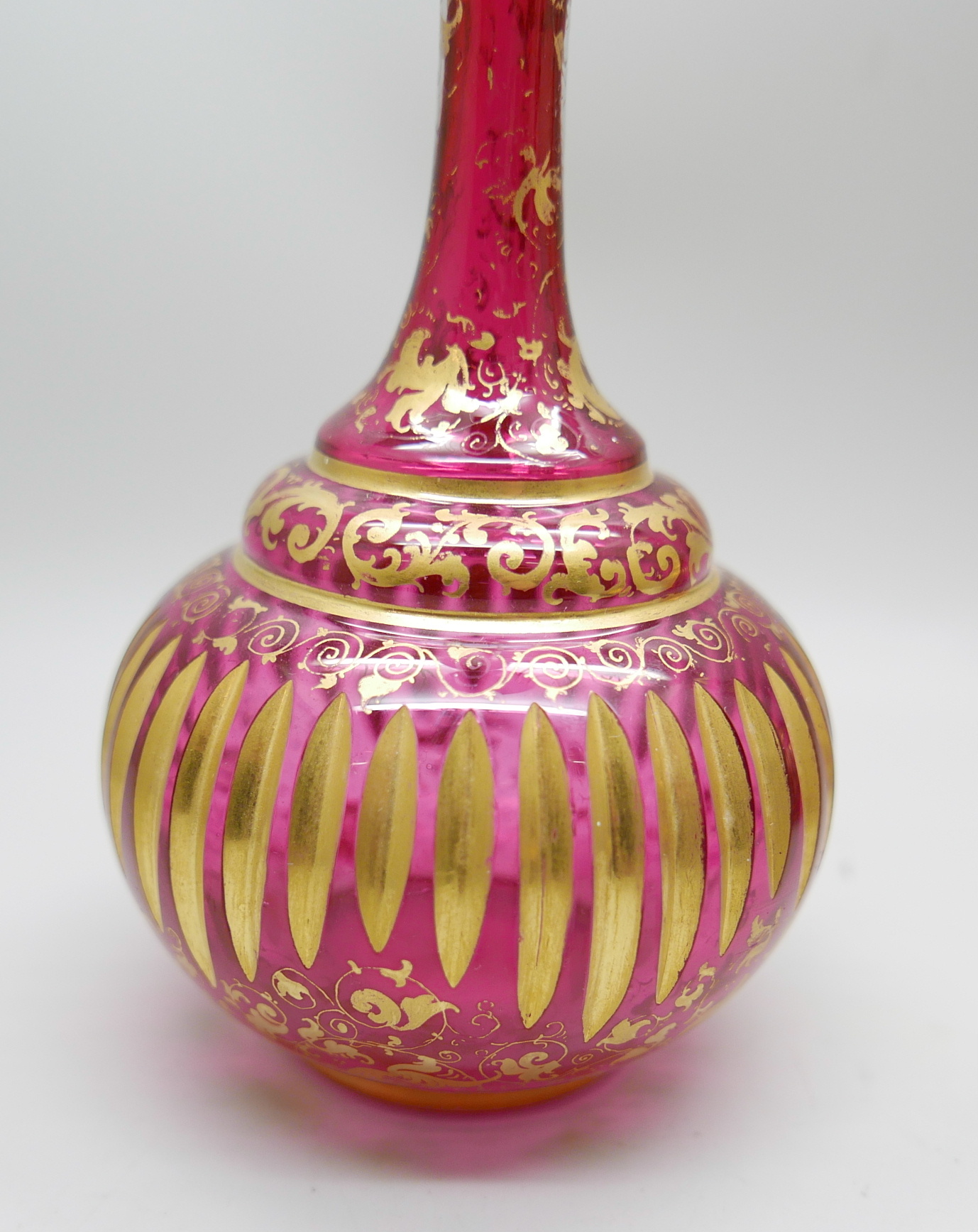 A pair of early 20th Century cranberry glass bottle with lids and gilt detail and a ruby glass scent - Image 4 of 5