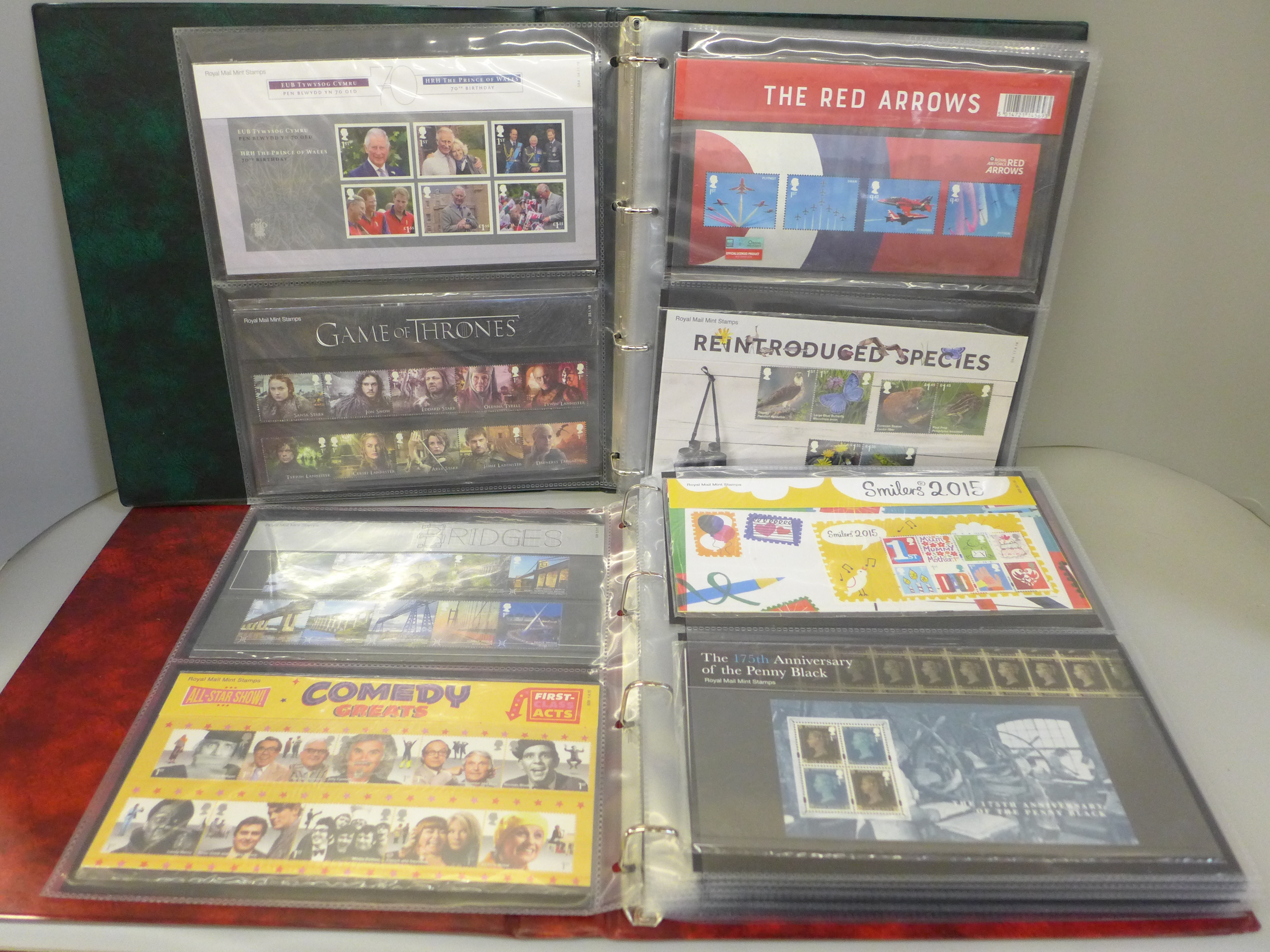 Great Britain 2015-2019 commemorative presentation packs in two albums, 71 packs with all stamps