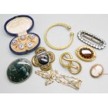 Two agate set brooches, other brooches, a button set, a 19th Century buckle, (chain requires