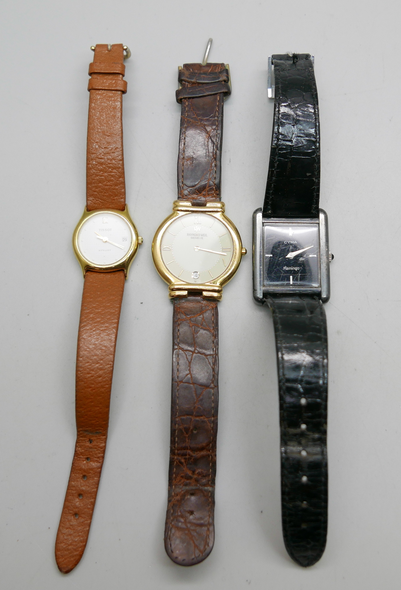 Three wristwatches; a silver Cyma Flamingo, Raymond Weil and lady's Tissot