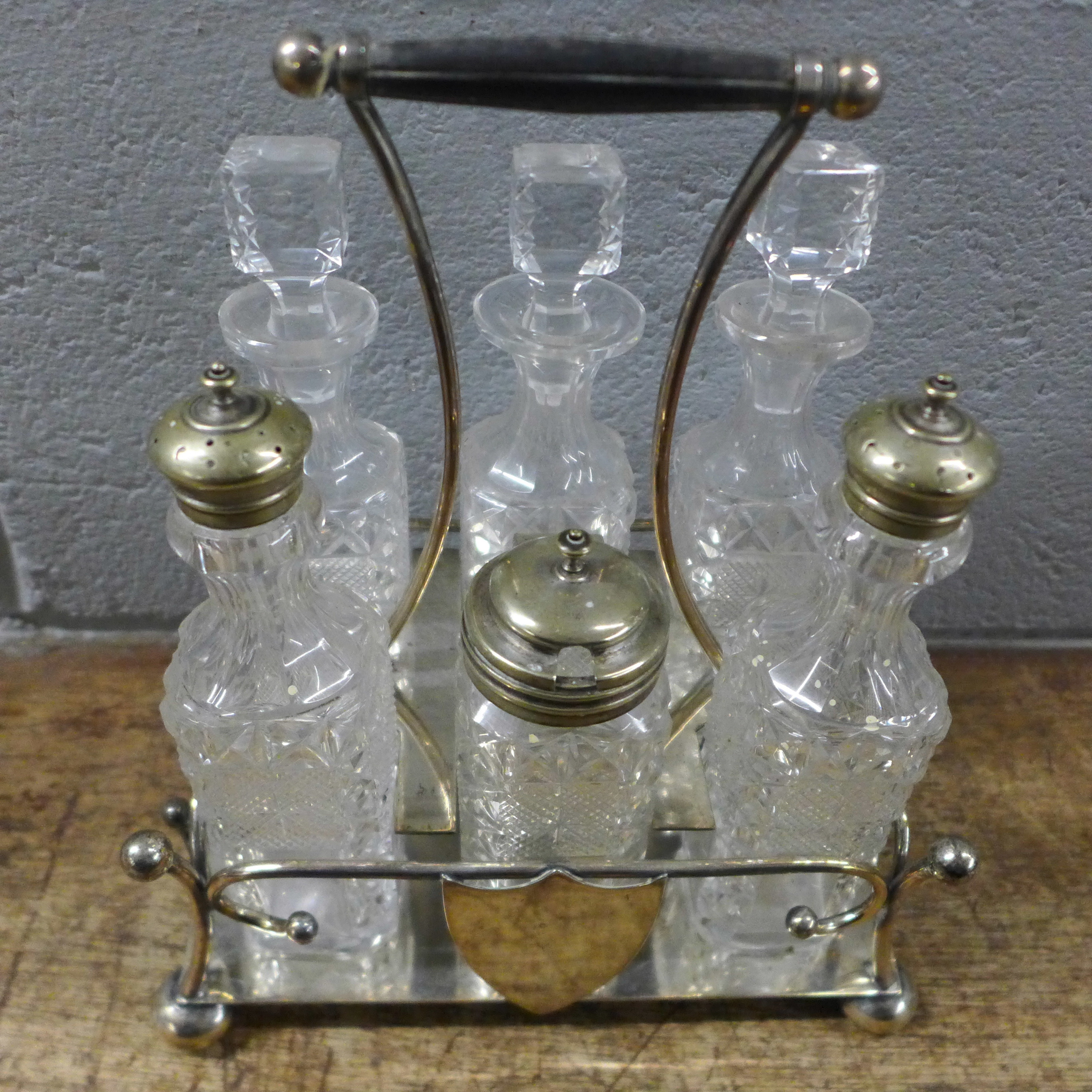 A silver plated six bottle cruet stand with six glass condiments, a cut glass posy vase and a - Image 3 of 4