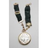 An Art Deco 9ct gold dress pocket watch, London import mark for 1914, with two fob ribbons, total