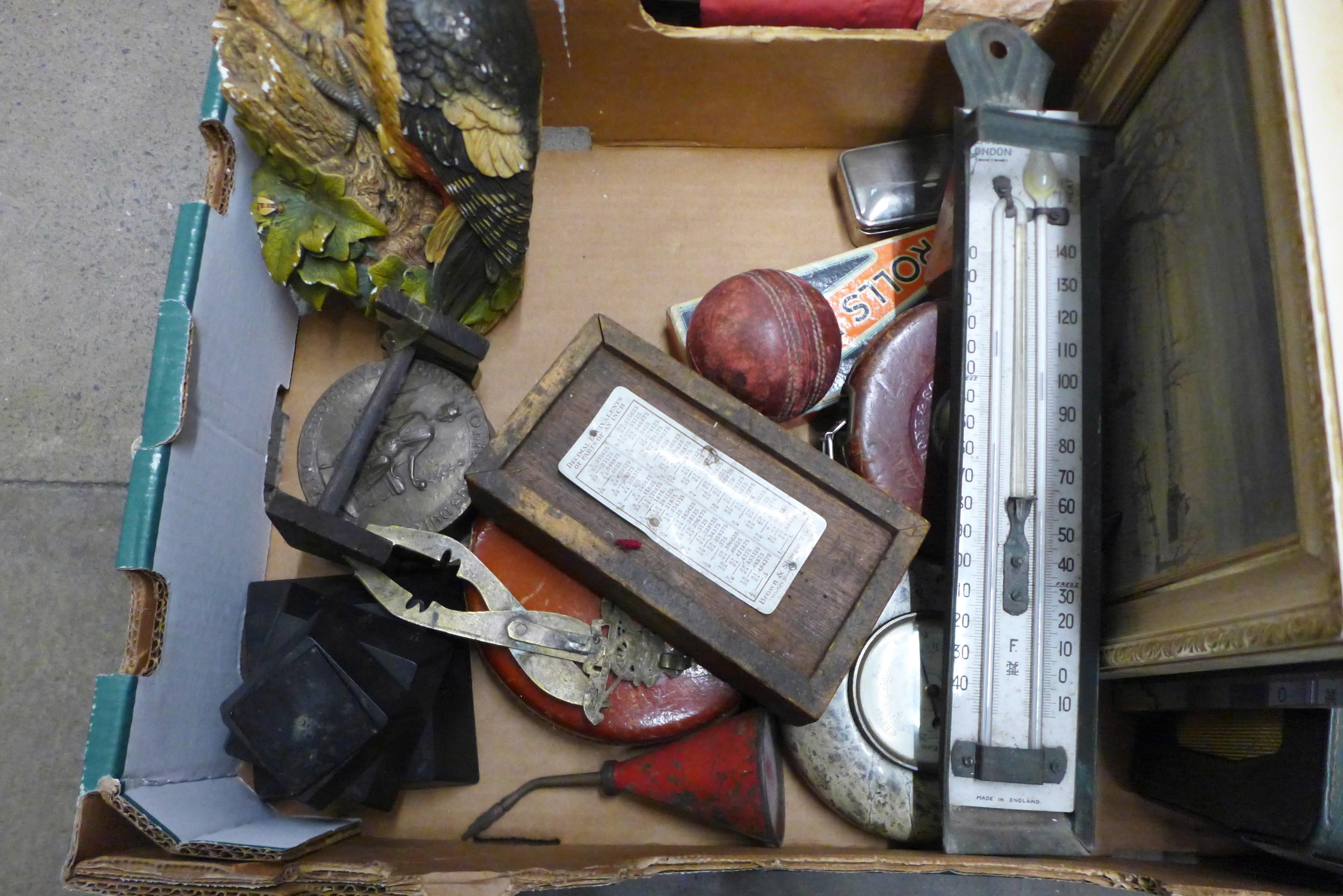 A box of assorted items, surveyor's tape measures, railway lamp, woodpecker figure, lady's umbrella, - Image 4 of 4