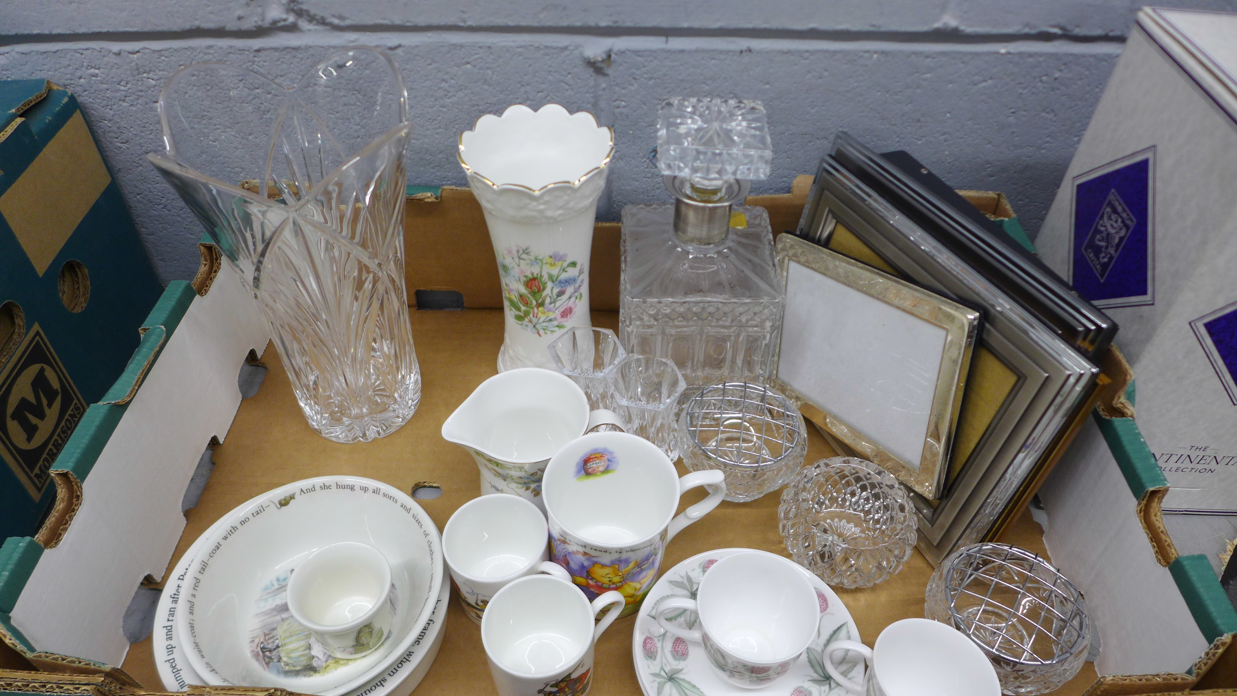 A collection of glassware; an Edinburgh crystal vase, boxed, a Wedgwood Beatrix Potter egg cup, bowl
