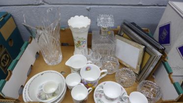 A collection of glassware; an Edinburgh crystal vase, boxed, a Wedgwood Beatrix Potter egg cup, bowl
