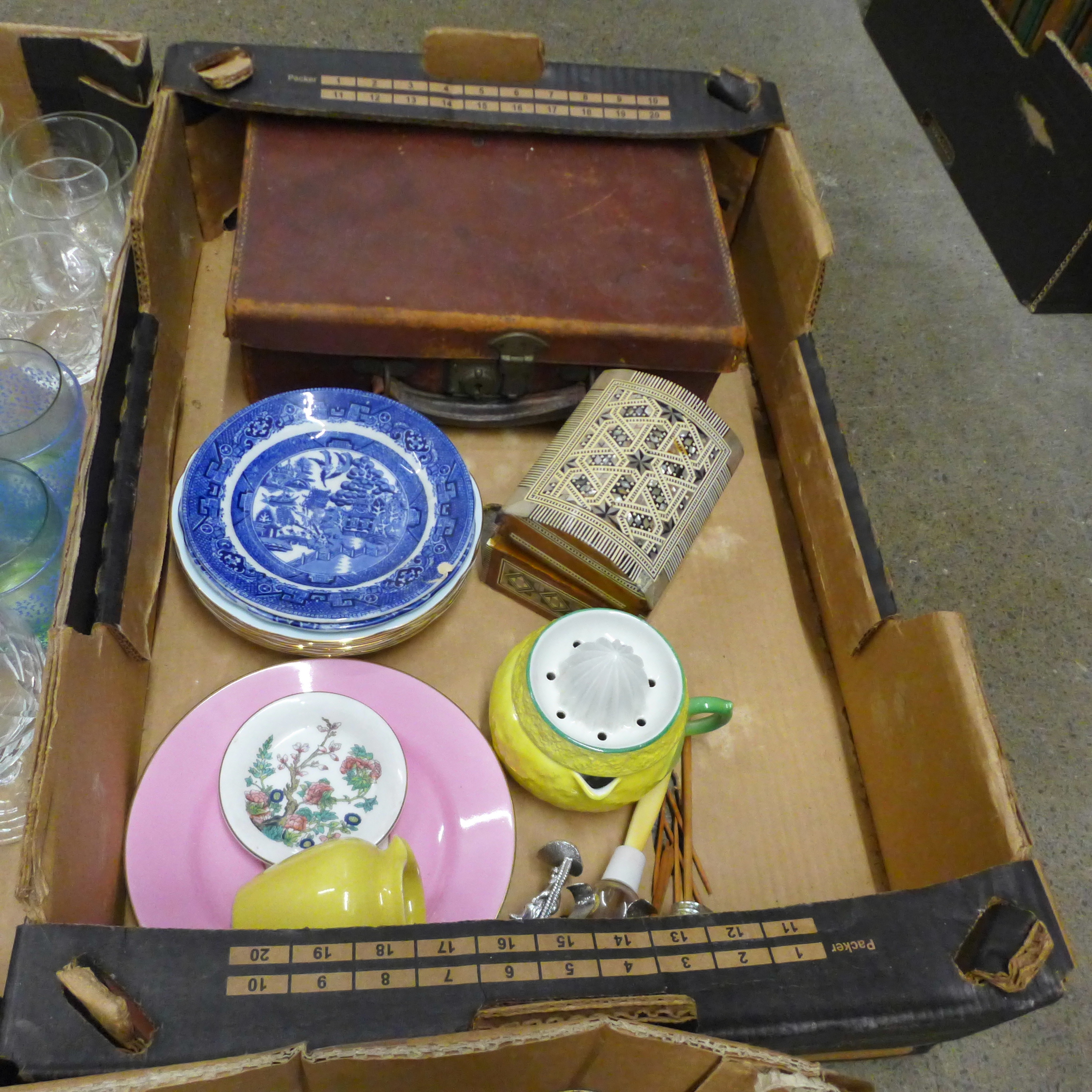 Two boxes of cut glass and a box of mixed china, dressing table vanity set, etc., three boxes in - Image 4 of 4