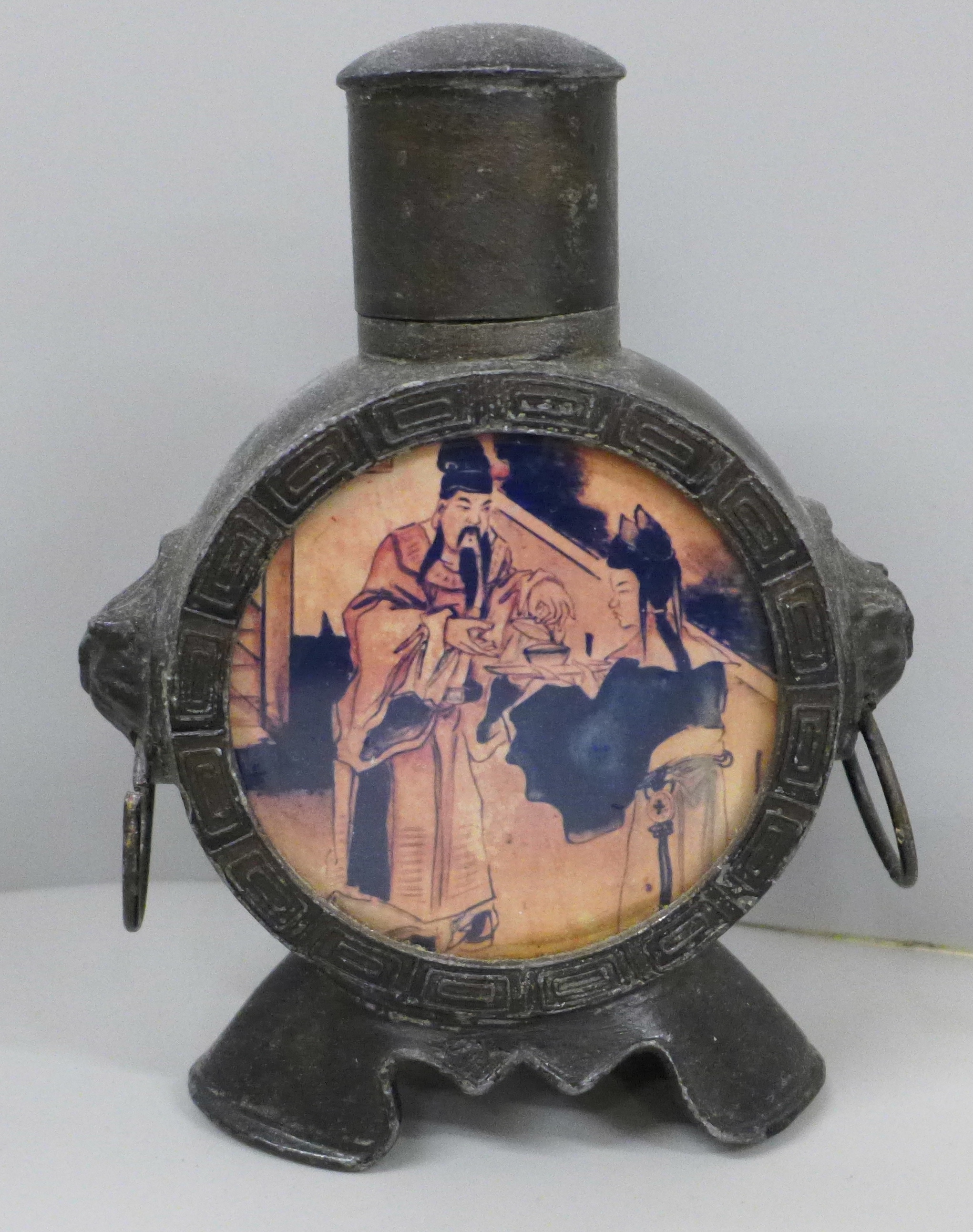 A Chinese Qing Dynasty style pewter moon flask