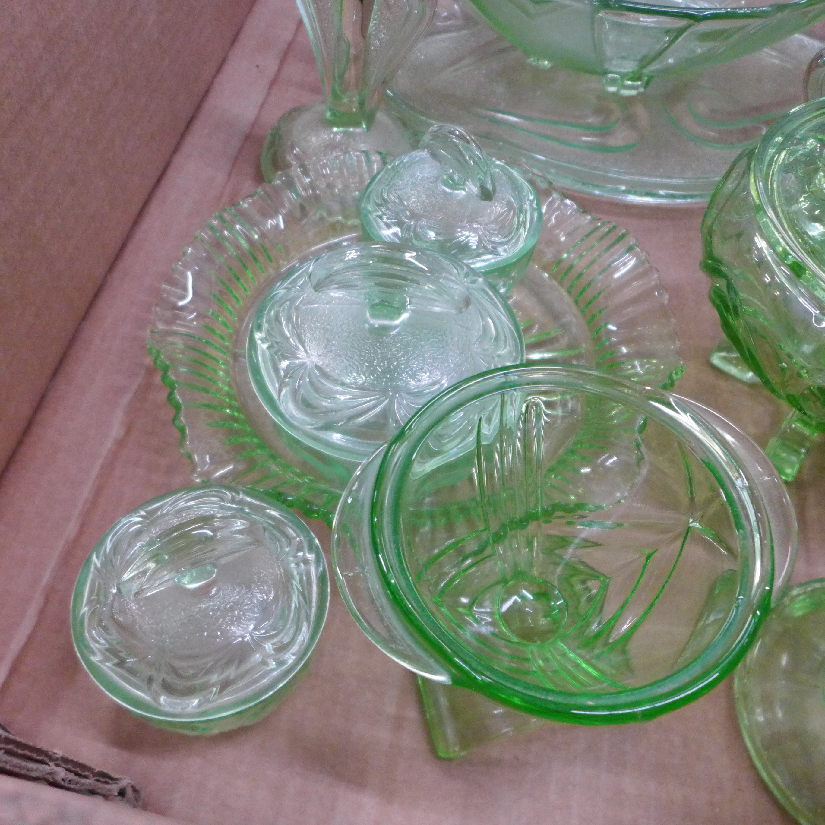 A collection of green glass including a flower frog, dressing table set, vases, etc. (two - Image 4 of 4