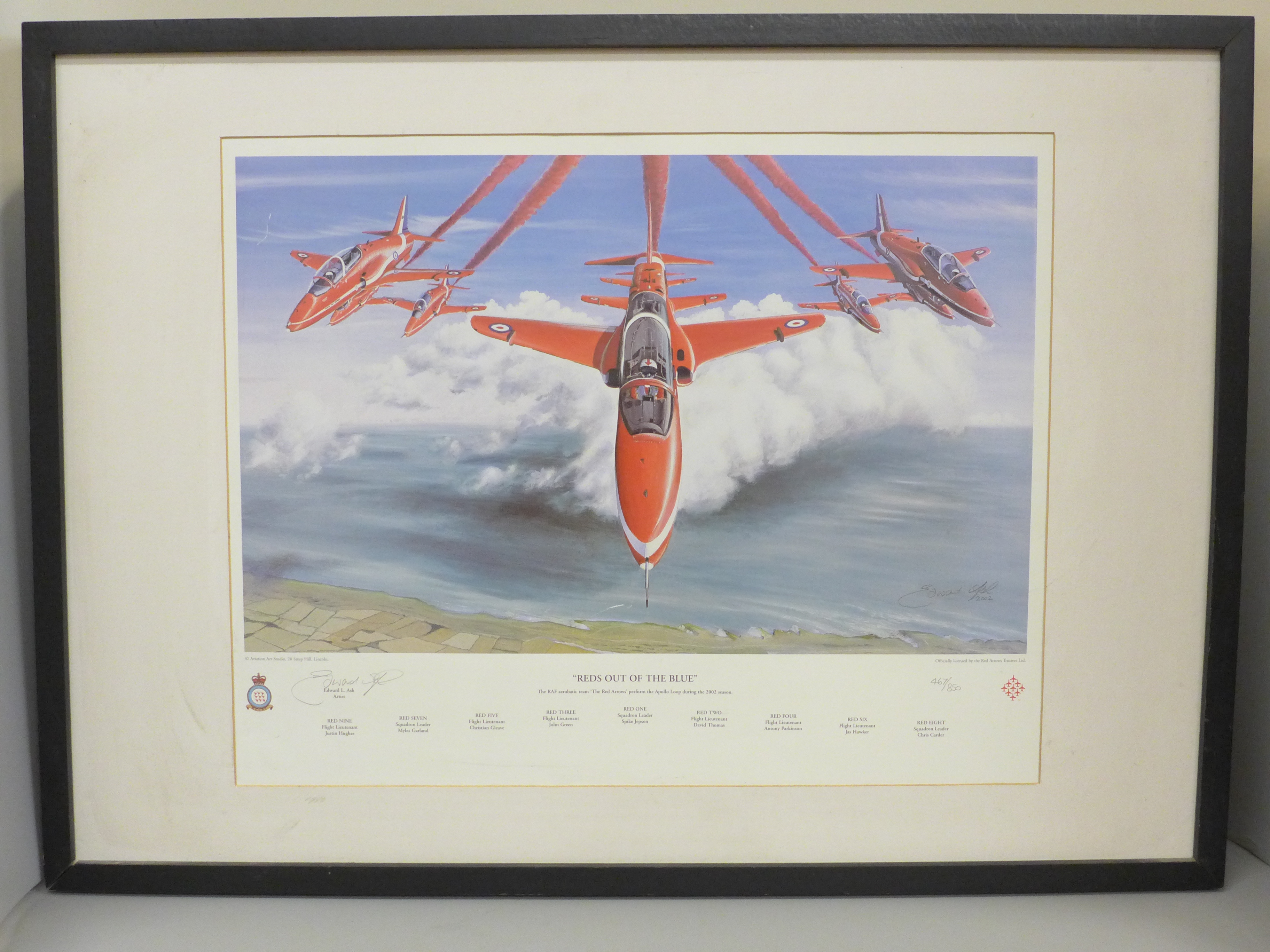 A Red Arrows commemorative signed framed print, Reds Out Of The Blue, 467/850