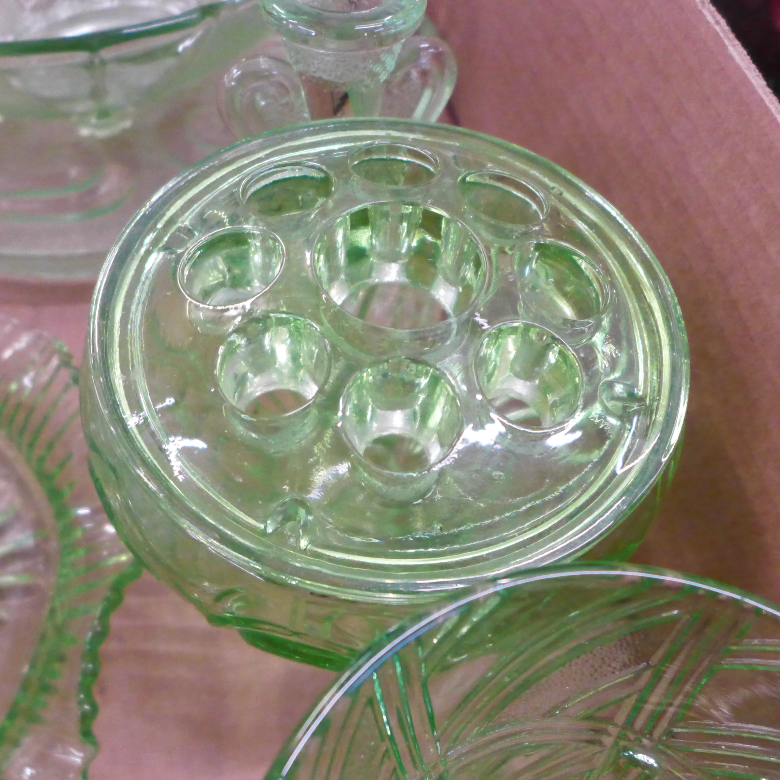 A collection of green glass including a flower frog, dressing table set, vases, etc. (two - Image 3 of 4