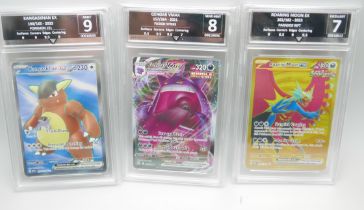 Three graded Pokemon cards, Roaring Moon Ex, Gengar VMax and Kangaskhan Ex