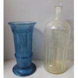 A large clear glass poison jar, 35.5cm and a Davidson blue glass vase