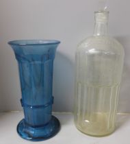 A large clear glass poison jar, 35.5cm and a Davidson blue glass vase
