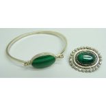 A silver and malachite bracelet and brooch