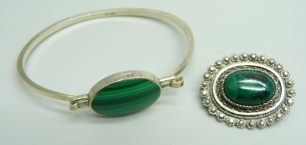 A silver and malachite bracelet and brooch
