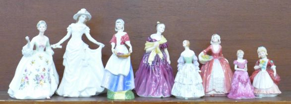 Eight figures of ladies; Royal Worcester Celebration Golden Moments, Coalport Debutante Dawn and