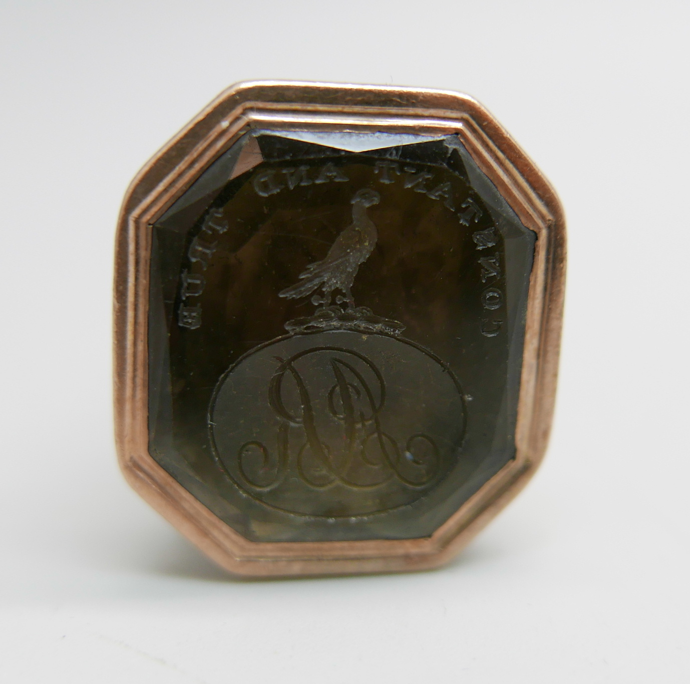 A Georgian chalcedony set seal, with initials, intaglio with bird of prey and the words "Constant - Image 2 of 5