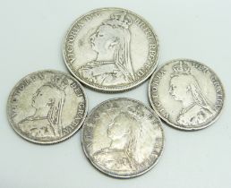 An 1889 silver crown and three 1887 silver florins, 61.3g
