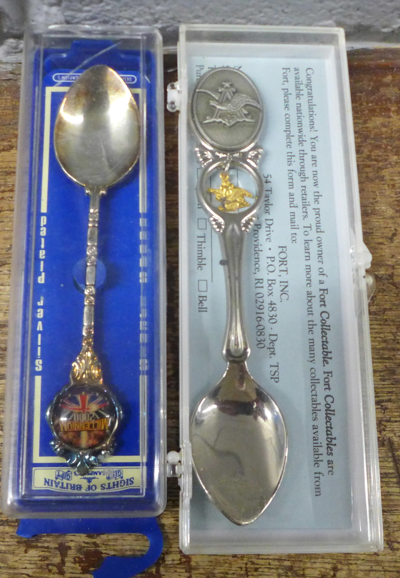 A collection of collectors spoons and a set of brass weights plus a gold plated brooch **PLEASE NOTE - Image 3 of 6