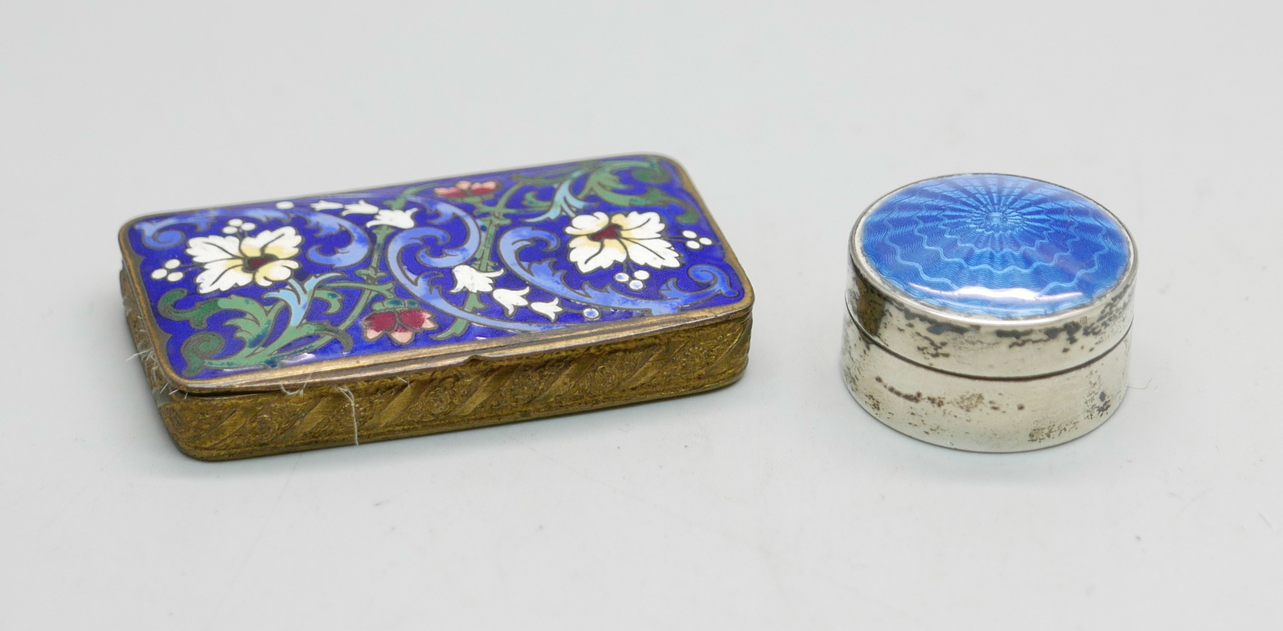 A silver and blue enamelled pill box, Birmingham 1912, and a double section powder with enamelled - Image 2 of 6