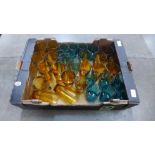 A box of coloured drinking glasses, five different sets, odd numbers, including French **PLEASE NOTE