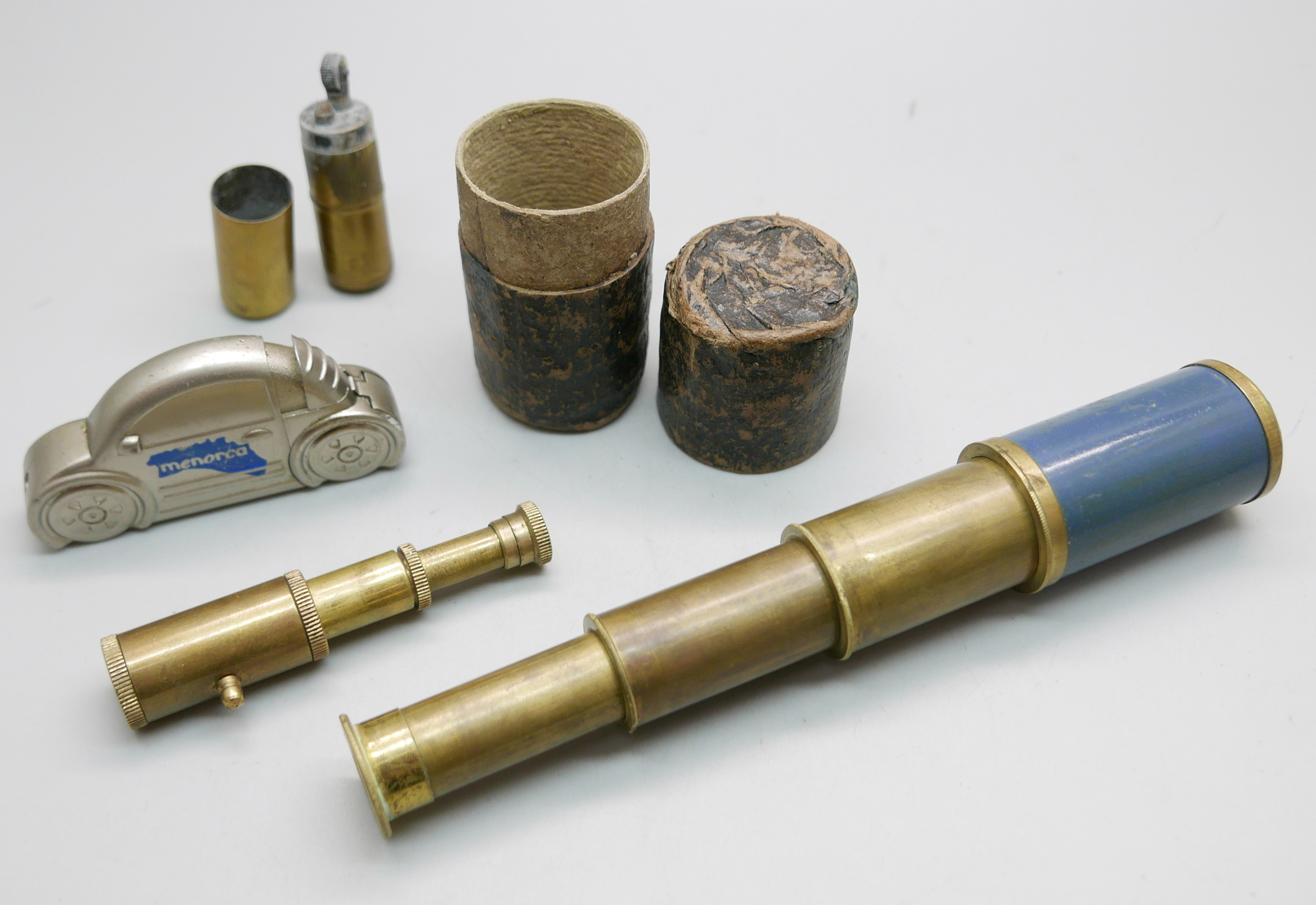 A brass trench art type lighter, a pocket telescope, with case, and one other small telescope and - Image 2 of 2