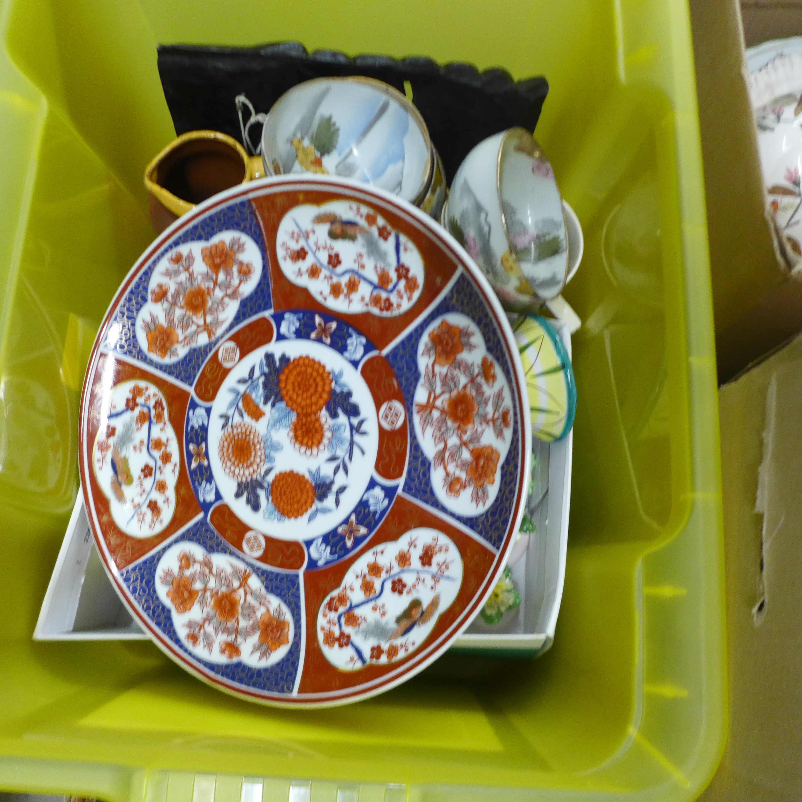 Six boxes of mixed china, tea wares, blue and white, Japanese tea wares, glass light shades, - Image 7 of 7