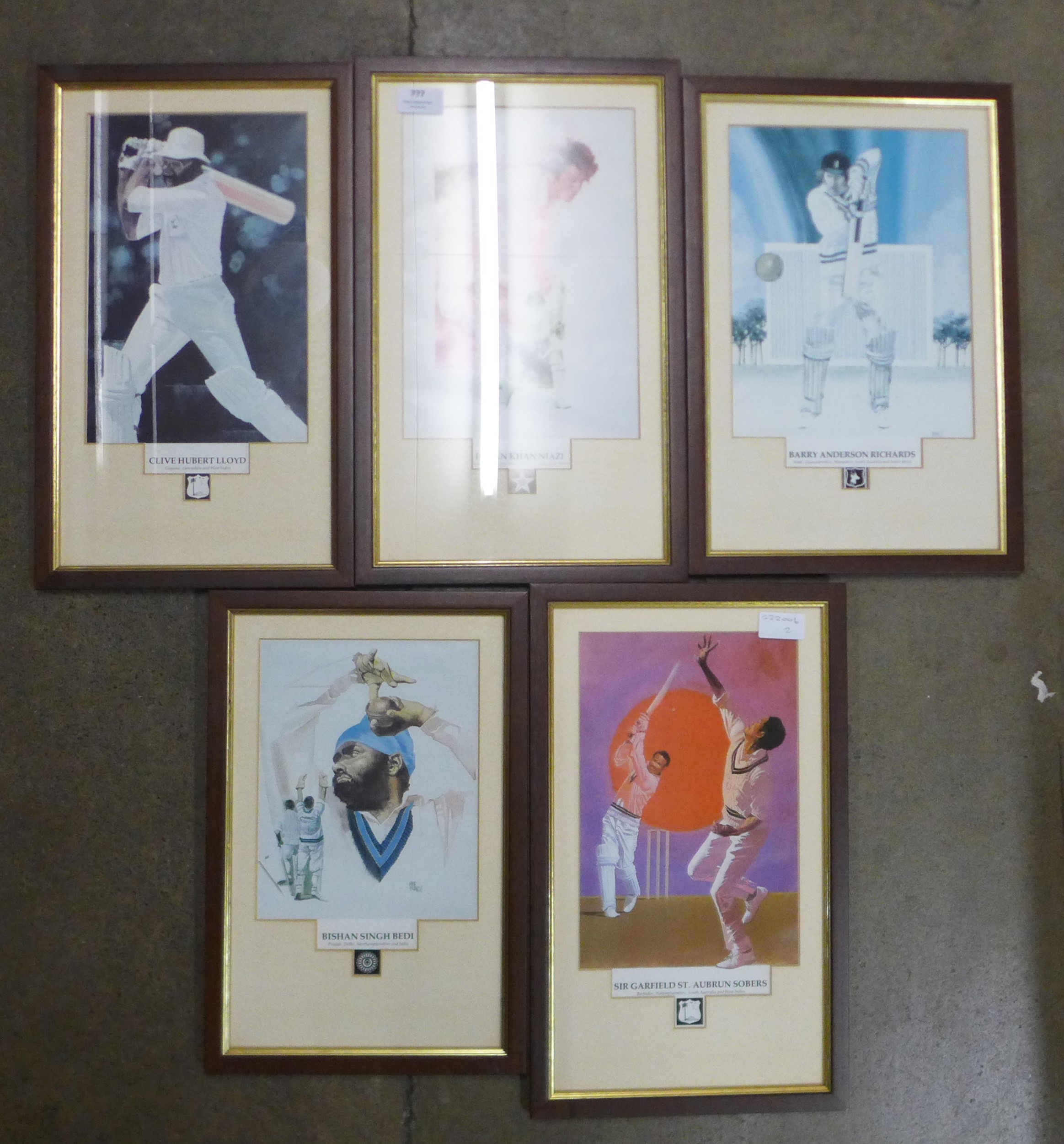 Five framed cricketer prints including Clive Lloyd, Imran Niazi and Gary Sobers