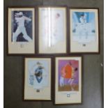 Five framed cricketer prints including Clive Lloyd, Imran Niazi and Gary Sobers