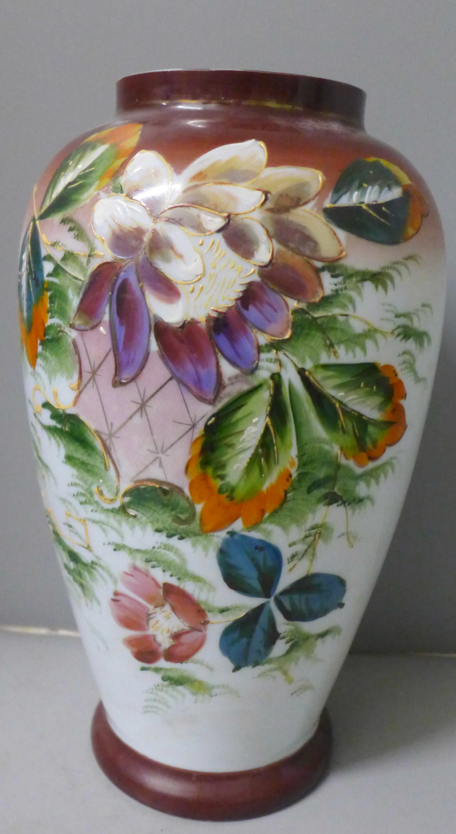 Three hand painted opaline glass vases and one large 19th Century blue glass vase decorated with - Image 4 of 5