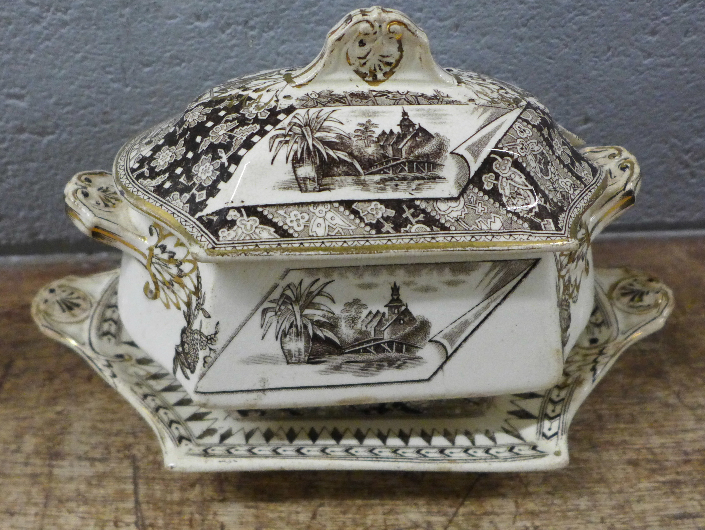 A 19th Century German porcelain cheese dish and cover, a sauce boat and cover on stand with - Image 2 of 6