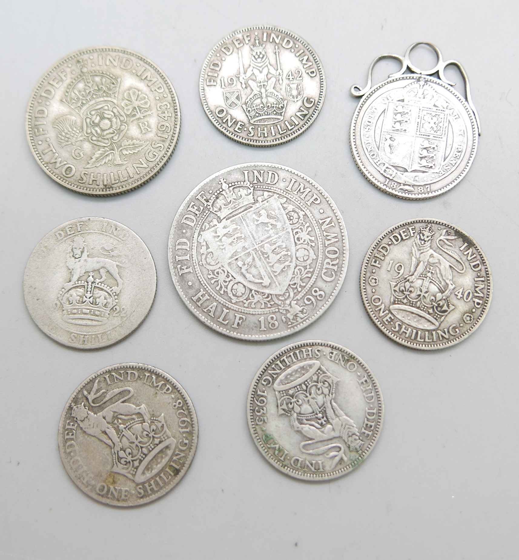 Two Victorian silver coins, one mounted and six other silver coins, 59g - Image 2 of 2