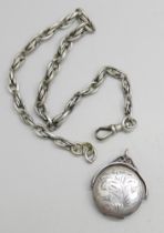 A silver fancy link watch chain with Albert clip, each link marked, and a hallmarked silver swivel