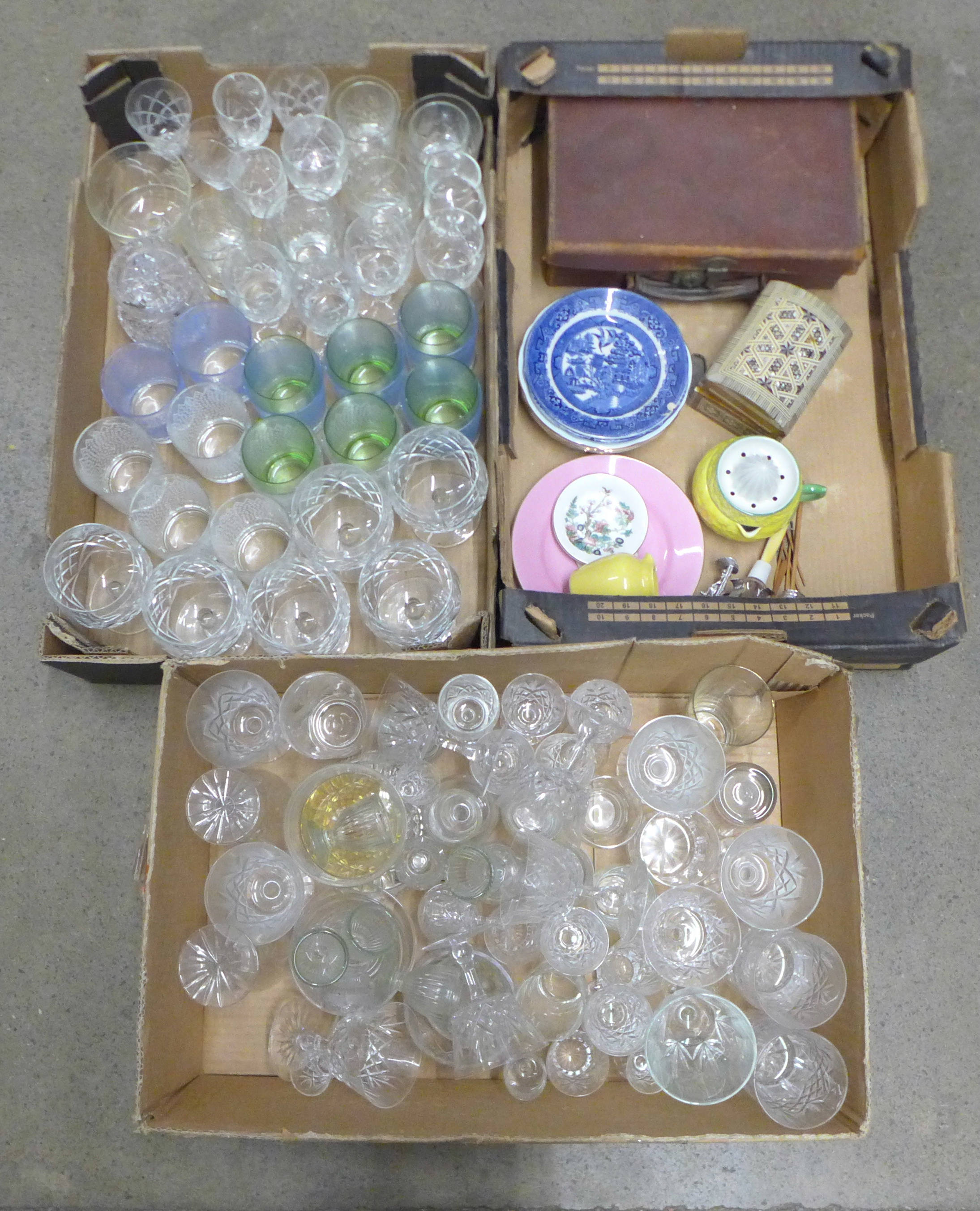 Two boxes of cut glass and a box of mixed china, dressing table vanity set, etc., three boxes in