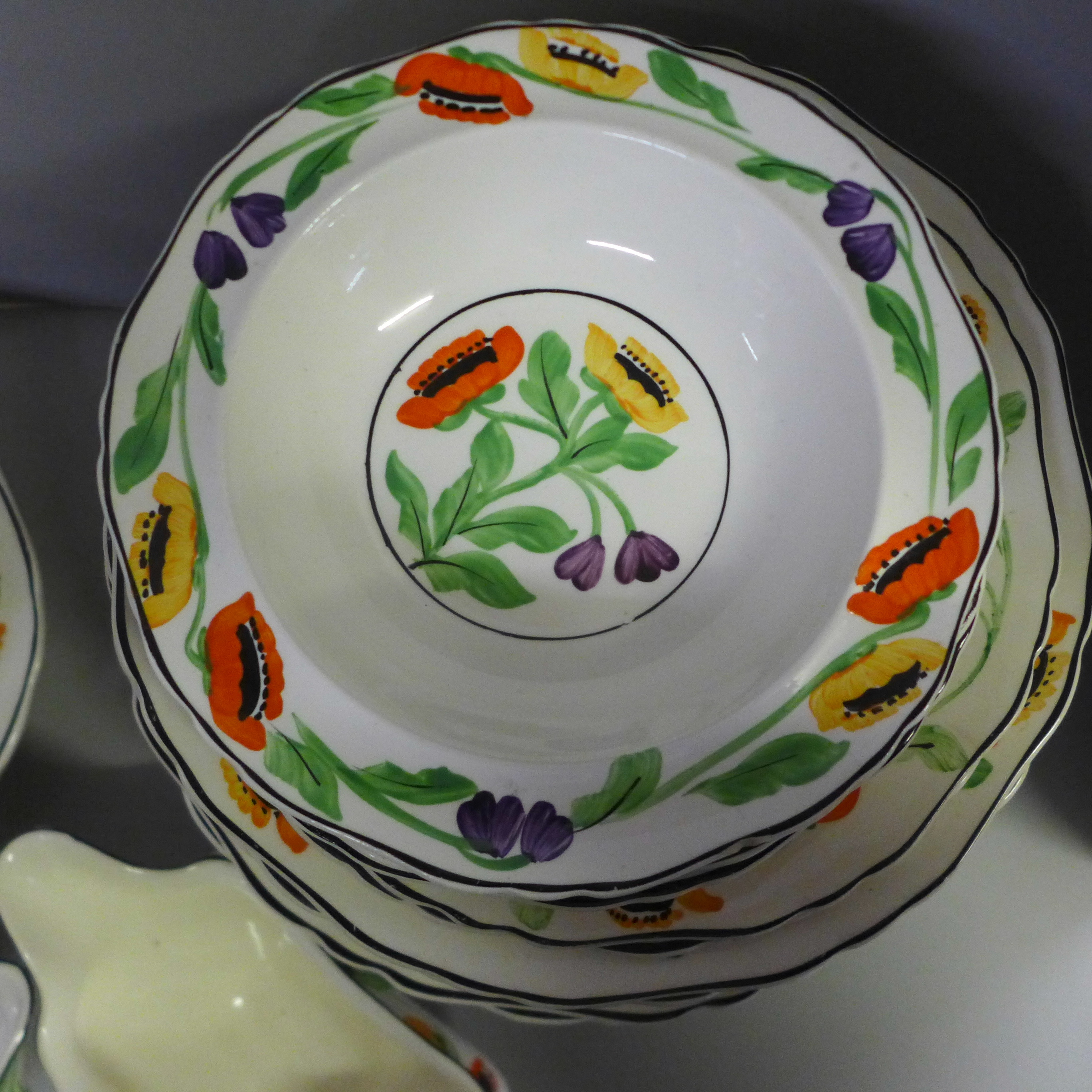 A hand painted Hancocks Ivory ware dinner service; soup dish, gravy boat, plates, side plates, - Image 2 of 4