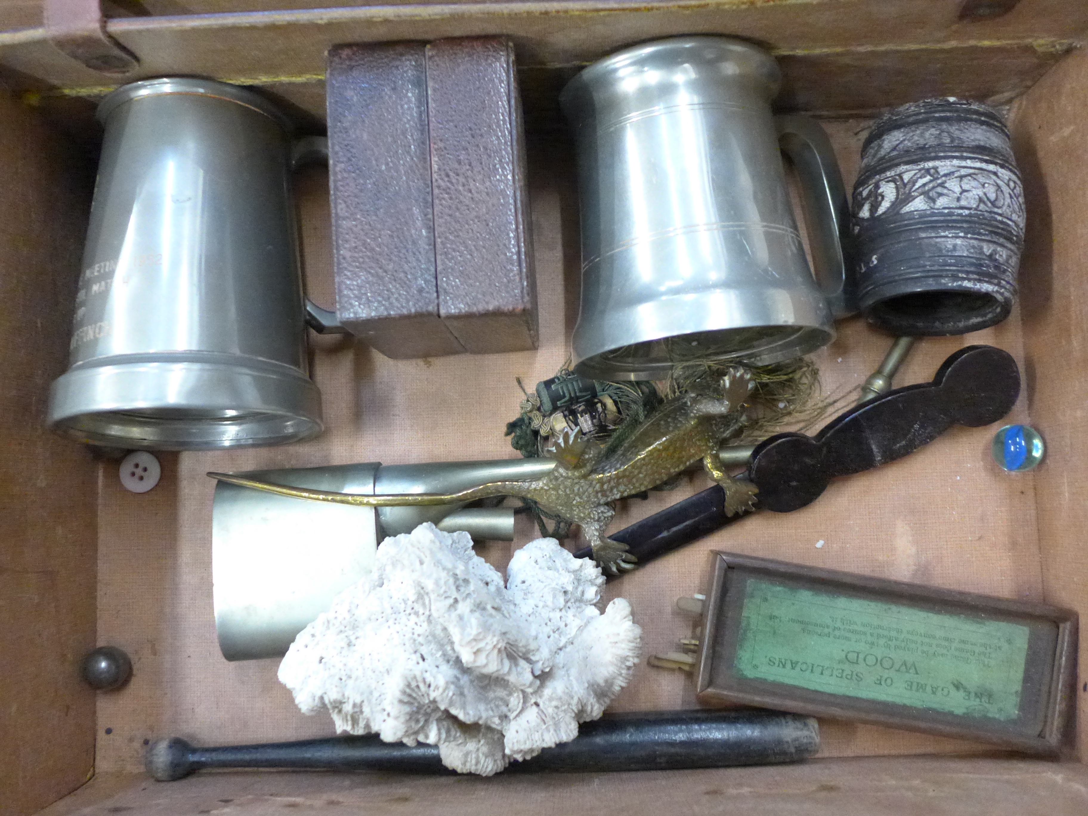 A suitcase of assorted items, travel inkwell, costume jewellery, two Tibetan carvings, stone pot, - Image 2 of 5
