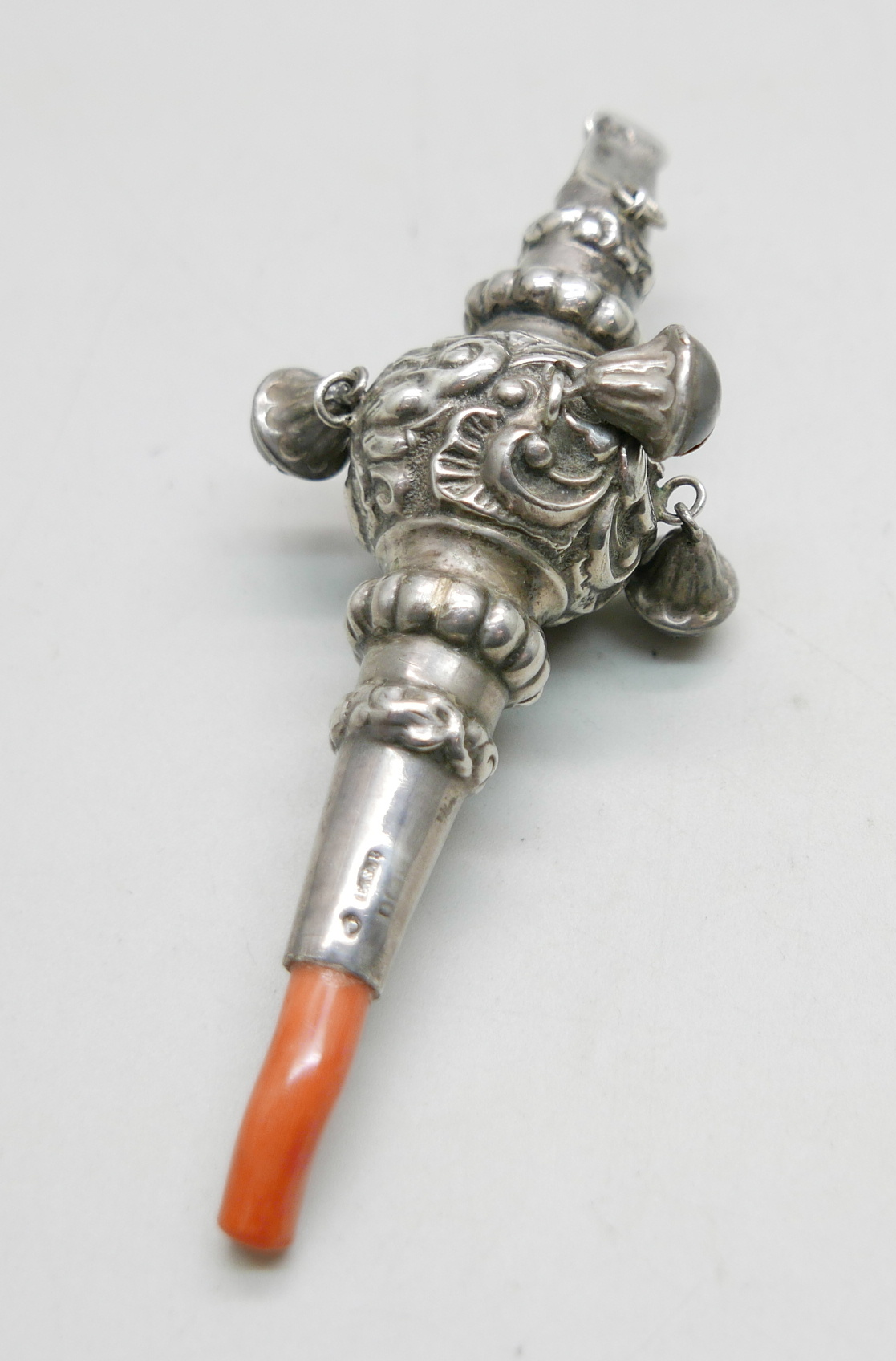 A silver rattle/teether/whistle set with coral, mark worn - Image 4 of 4