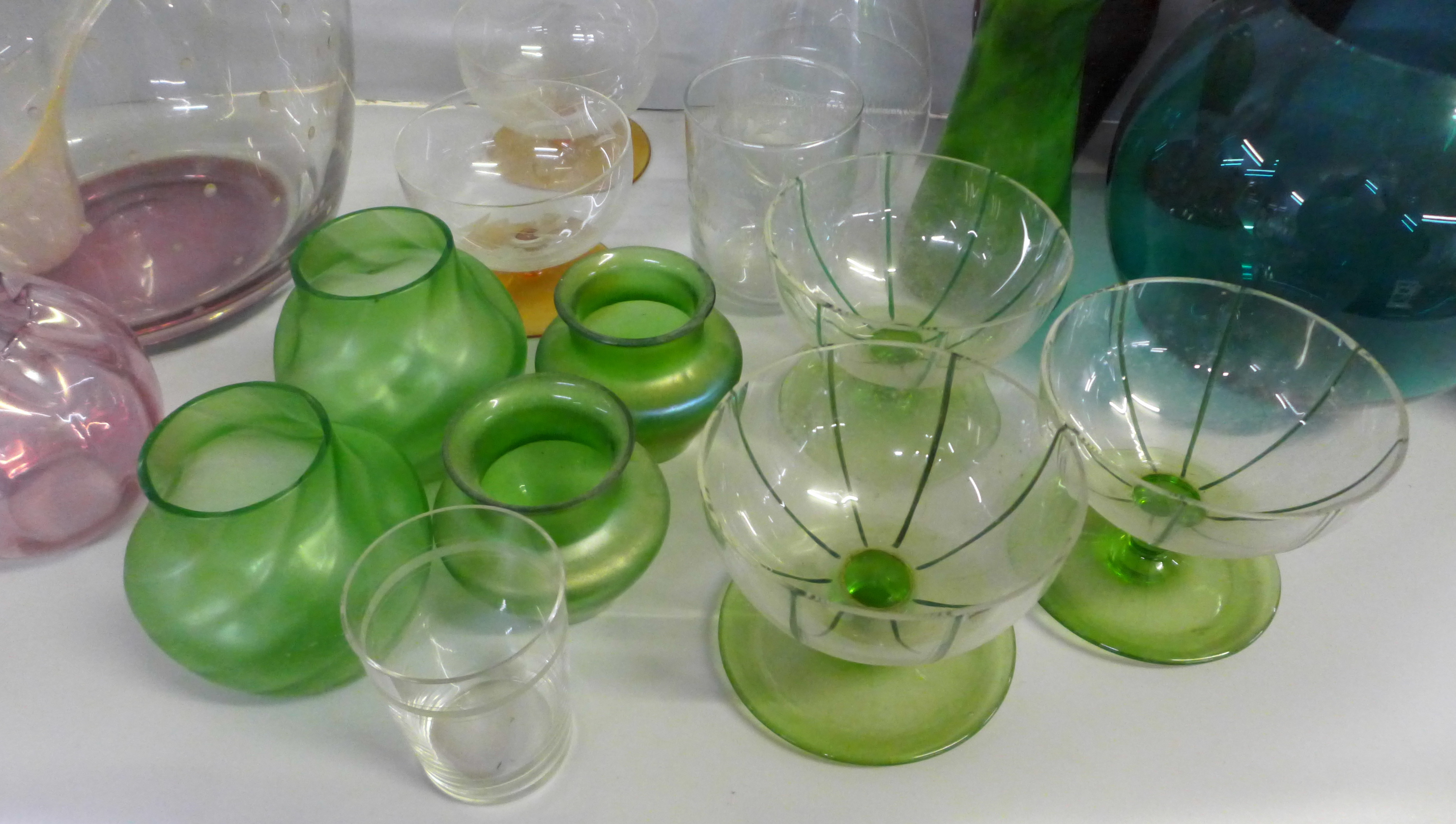 A large polka-dot decorated punch bowl and plastic ladle, other coloured glass vases; red, green, - Image 2 of 4