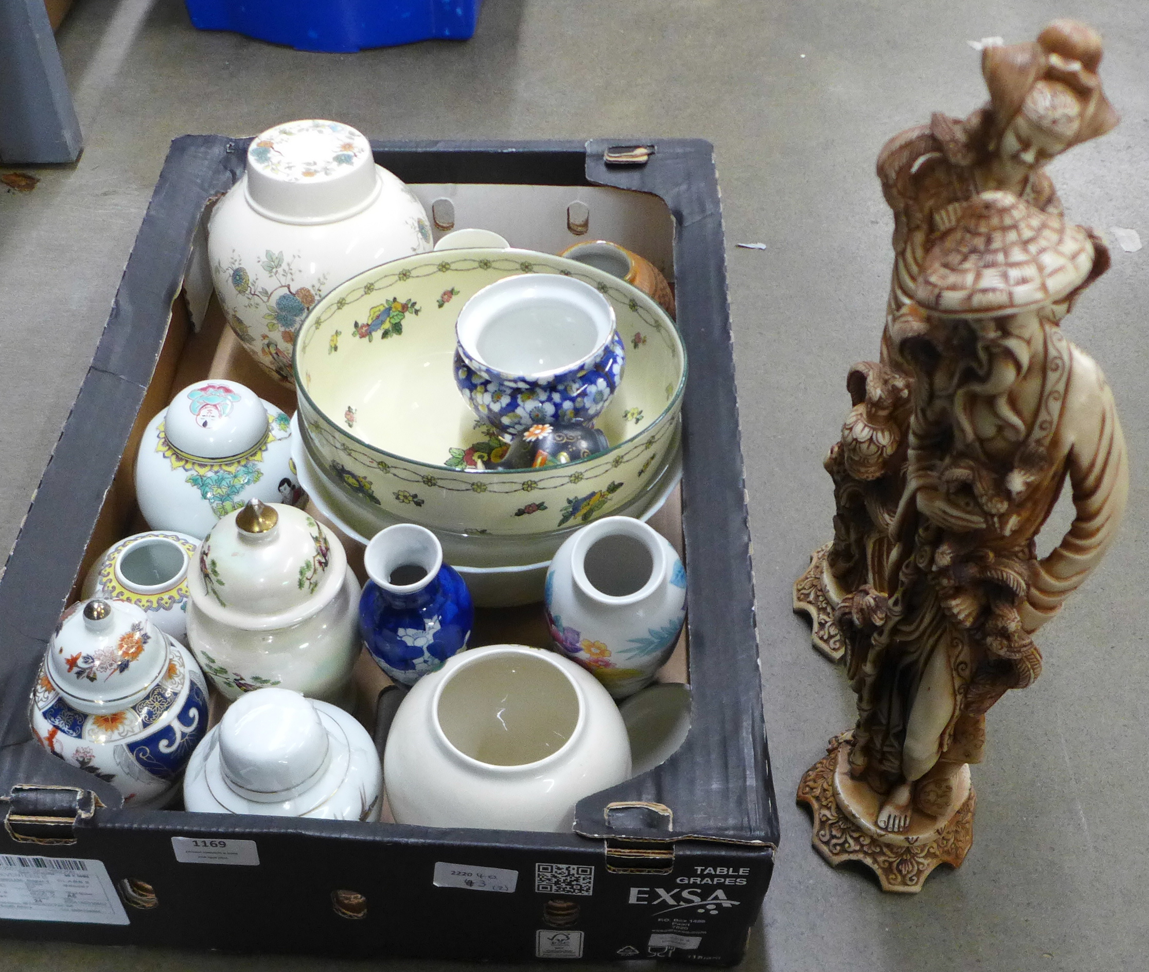 Two oriental moulded resin figures and a collection of ginger jars, bowls, Royal Doulton, etc. **
