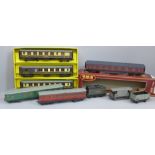A collection of OO gauge coaches and wagons including Pullman and Corridor LMS GMR coach, boxed