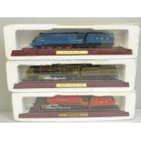 Three plastic display model locomotives; an A4 Class Mallard, Pacific Chapelon Nord and Duchess LMS