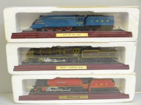 Three plastic display model locomotives; an A4 Class Mallard, Pacific Chapelon Nord and Duchess LMS