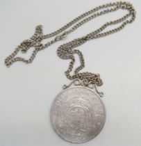 A South African mounted 5 shillings coin, 1892, on a silver chain, 41g